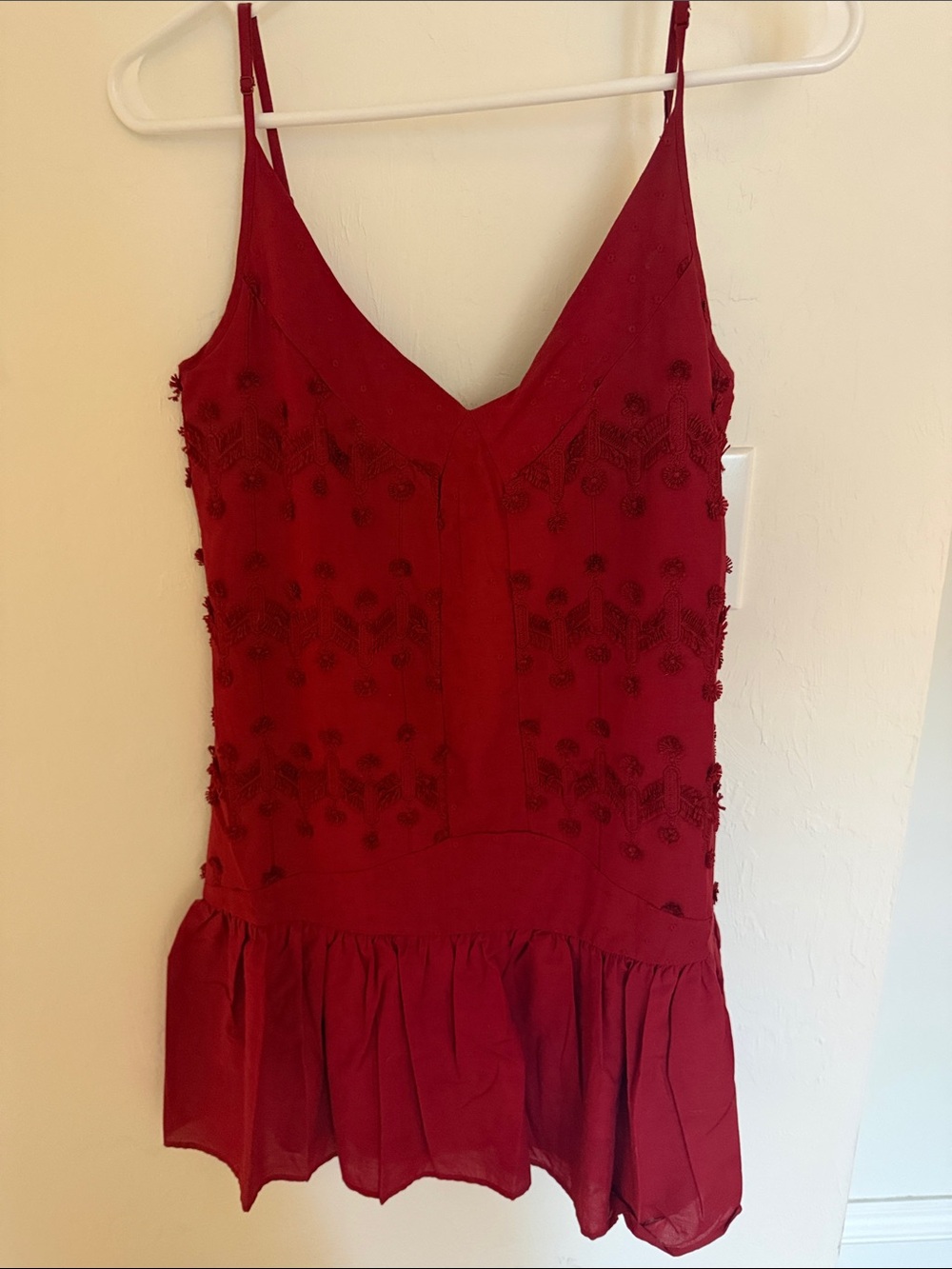 Embroidered Red V-Neck Mini Dress with Ruffled Hem
